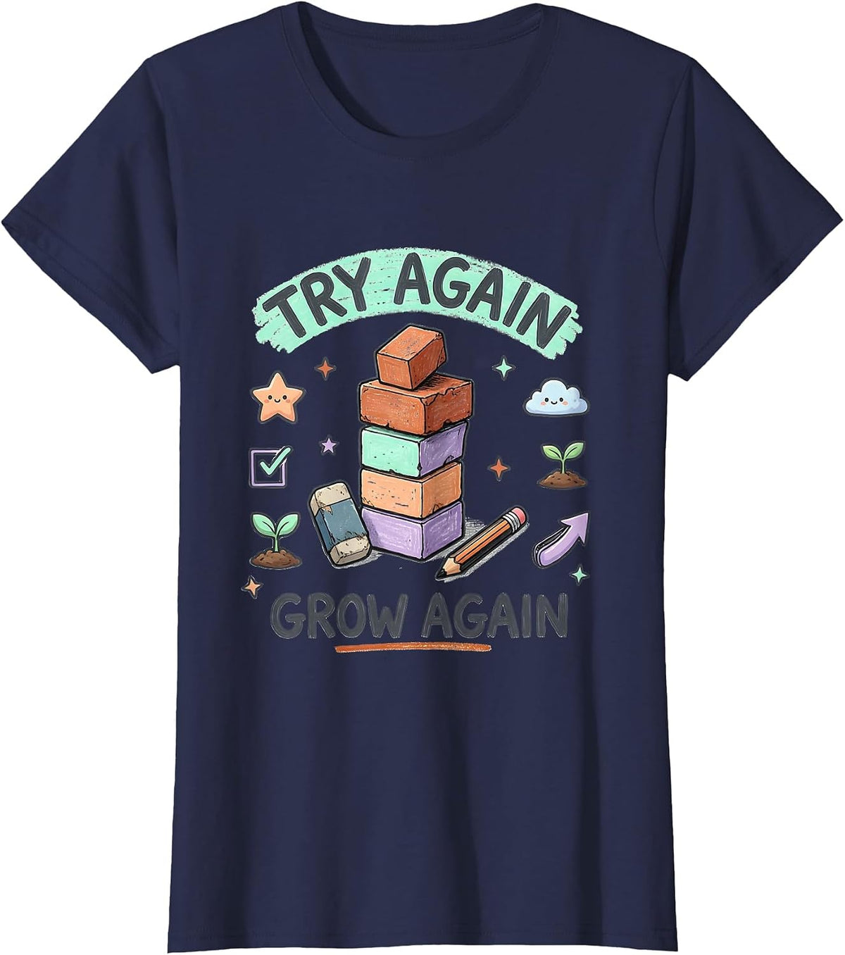 Women's Try Again Grow Again Kawaii Stationery Teacher Growth T-Shirt - Navy Blue
