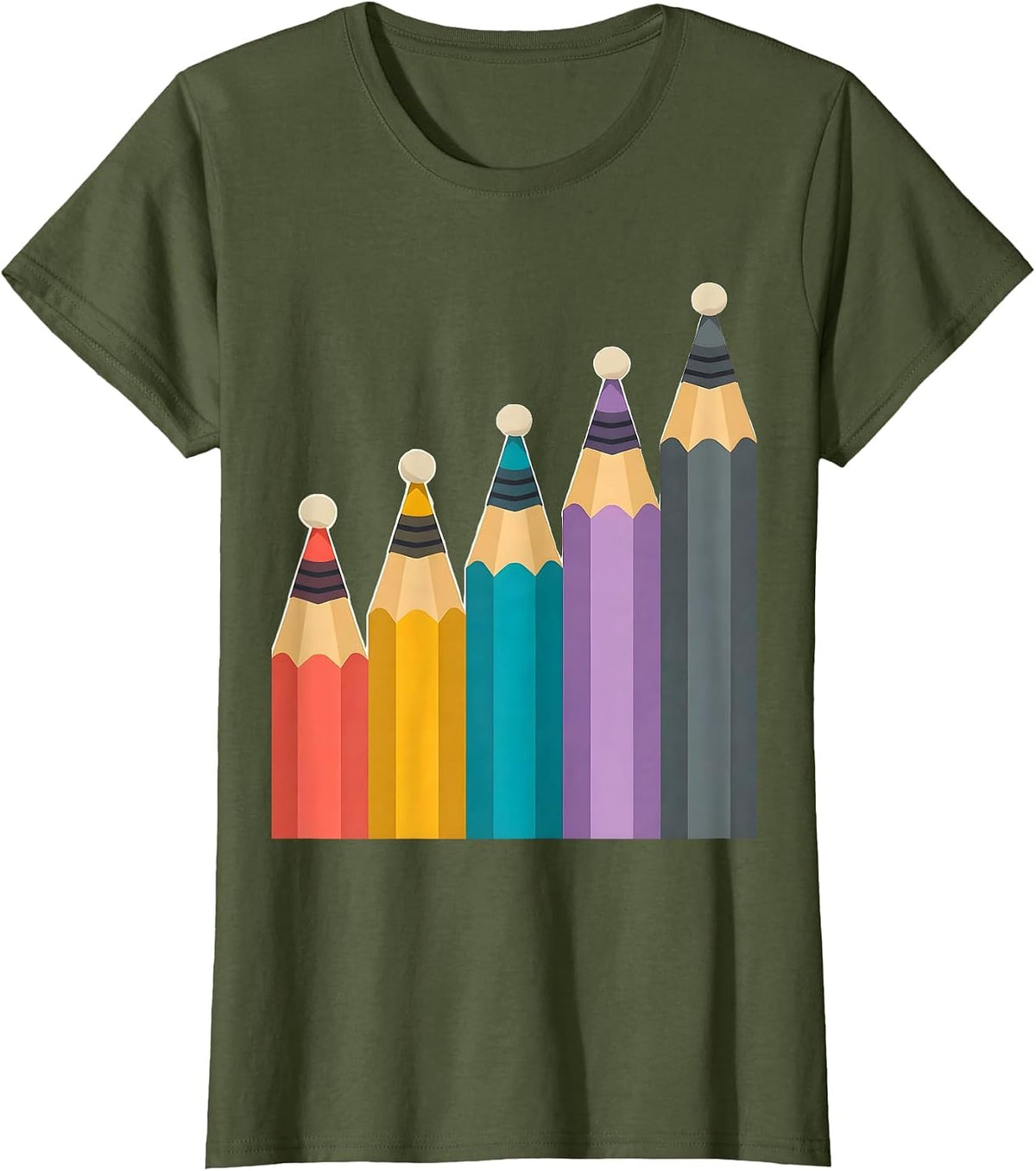 Women's Colorful Pencil Row Art Teacher Graphic T-Shirt - Olive Green