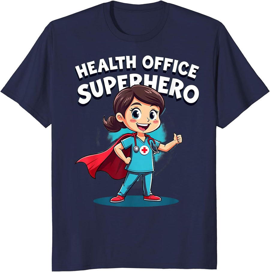 Health Office Superhero School Nurse Design T-Shirt - Navy Blue