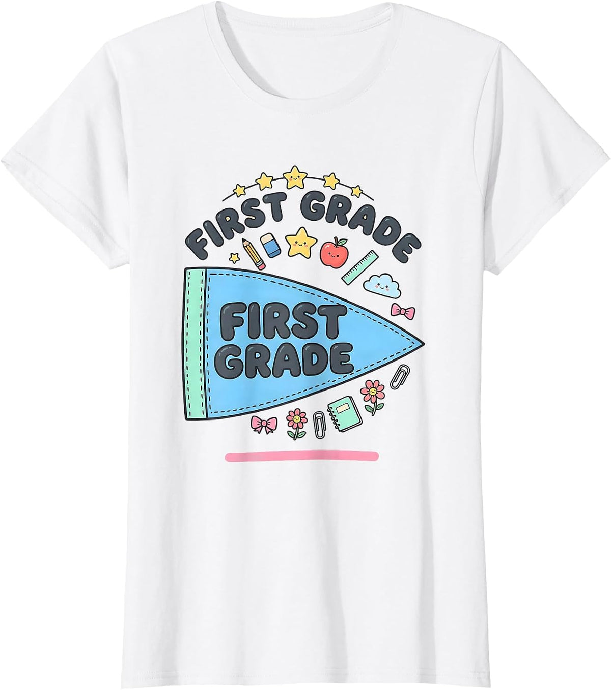 First Grade Kawaii Stationery Doodle Back to School Pennant T-Shirt - White