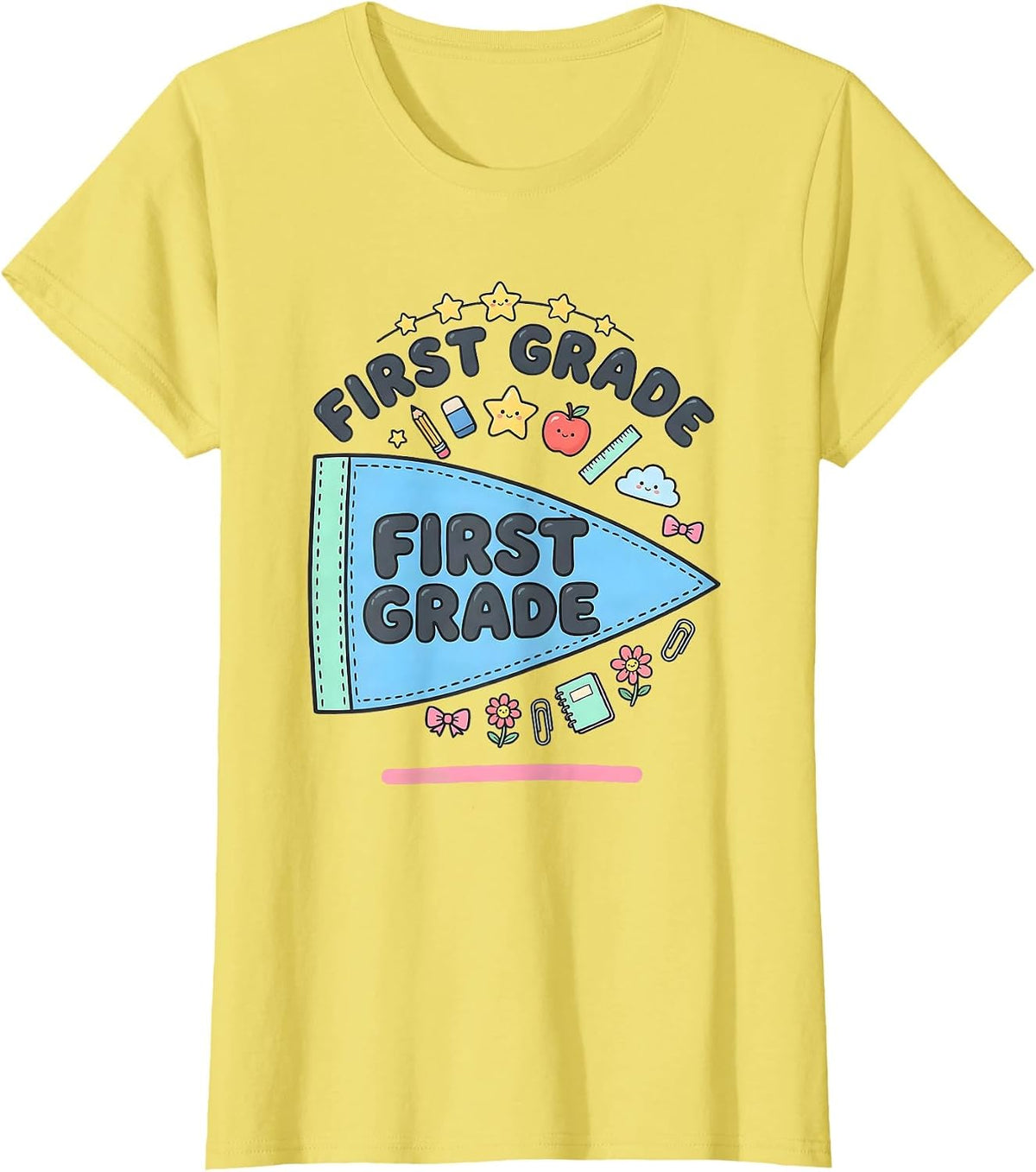 First Grade Kawaii Stationery Doodle Back to School Pennant T-Shirt - Lemon Yellow