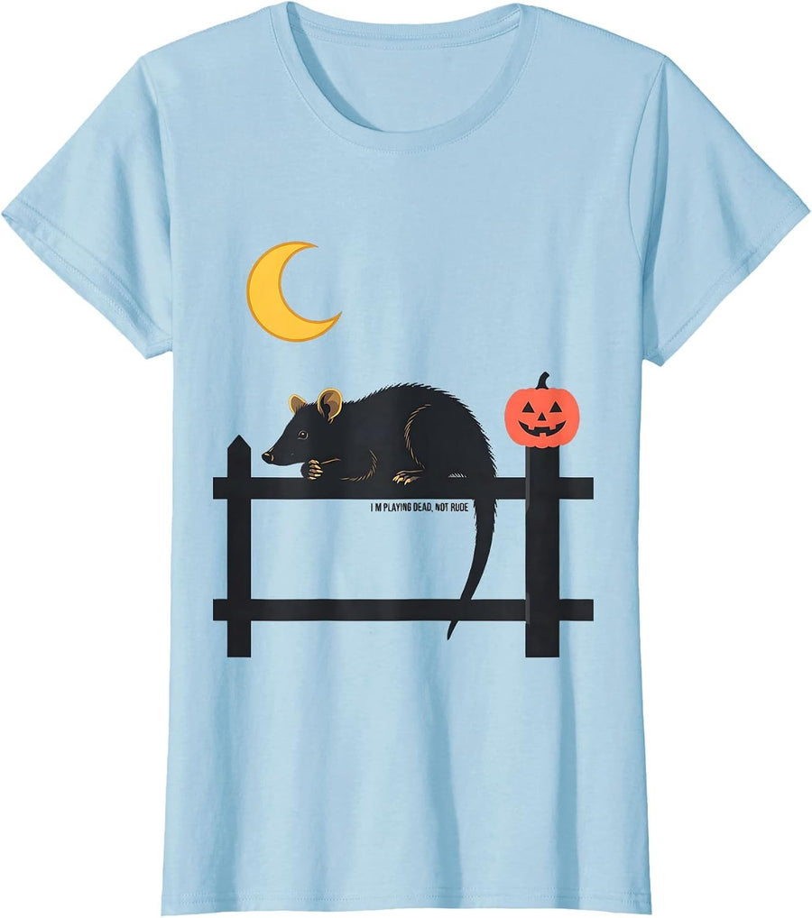 Women's I'm Playing Dead Not Rude Opossum Halloween Spooky Moon T-Shirt - Baby Blue