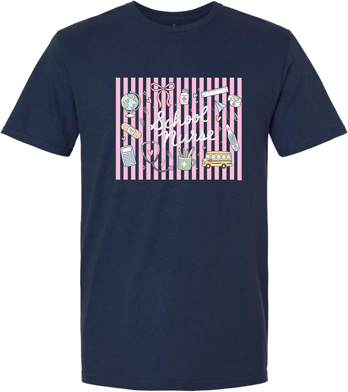 Cute School Nurse Pink Stripe Graphic Tee - Navy