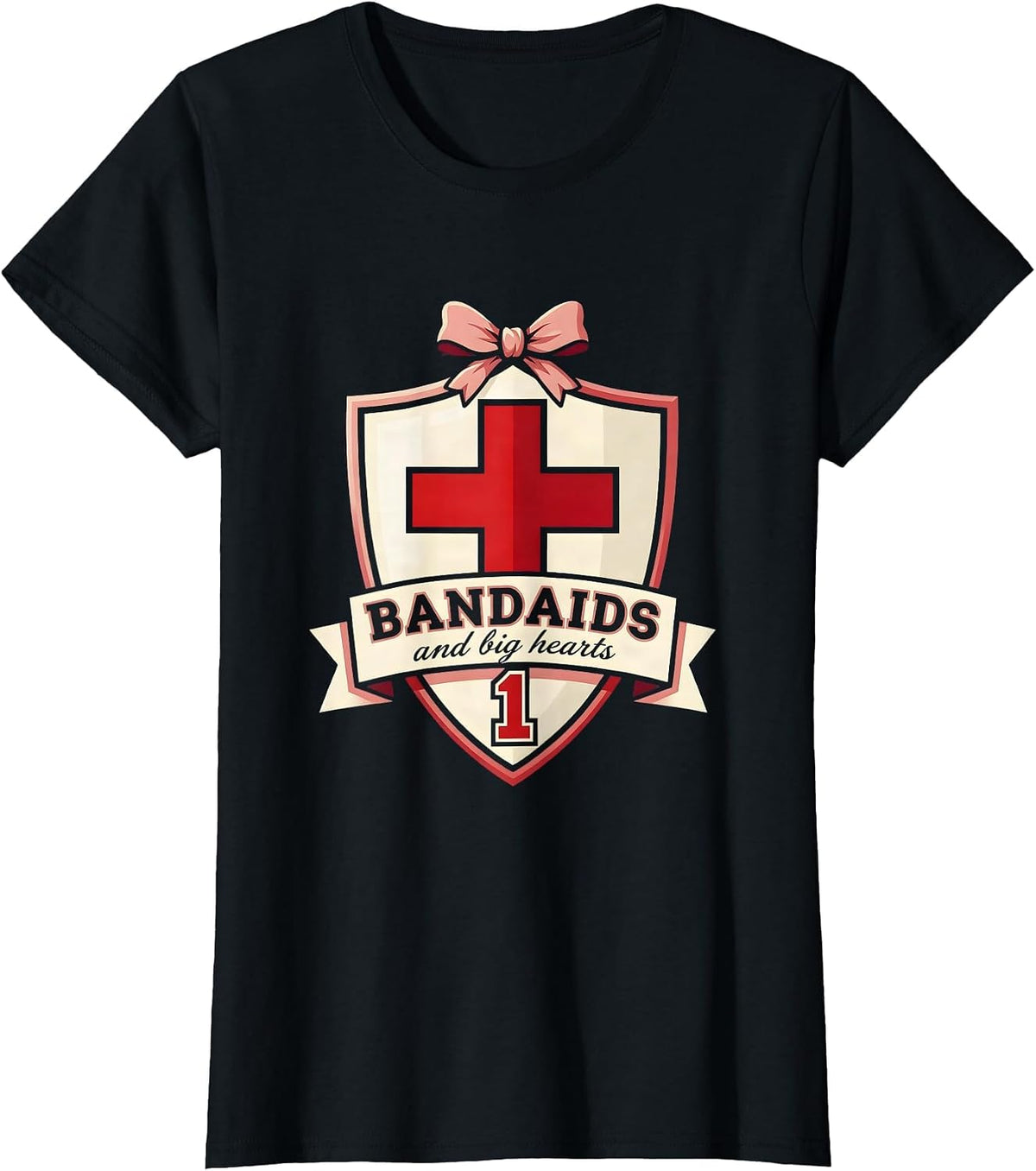 Women's Bandaids and Big Hearts School Nurse Design T-Shirt - Black