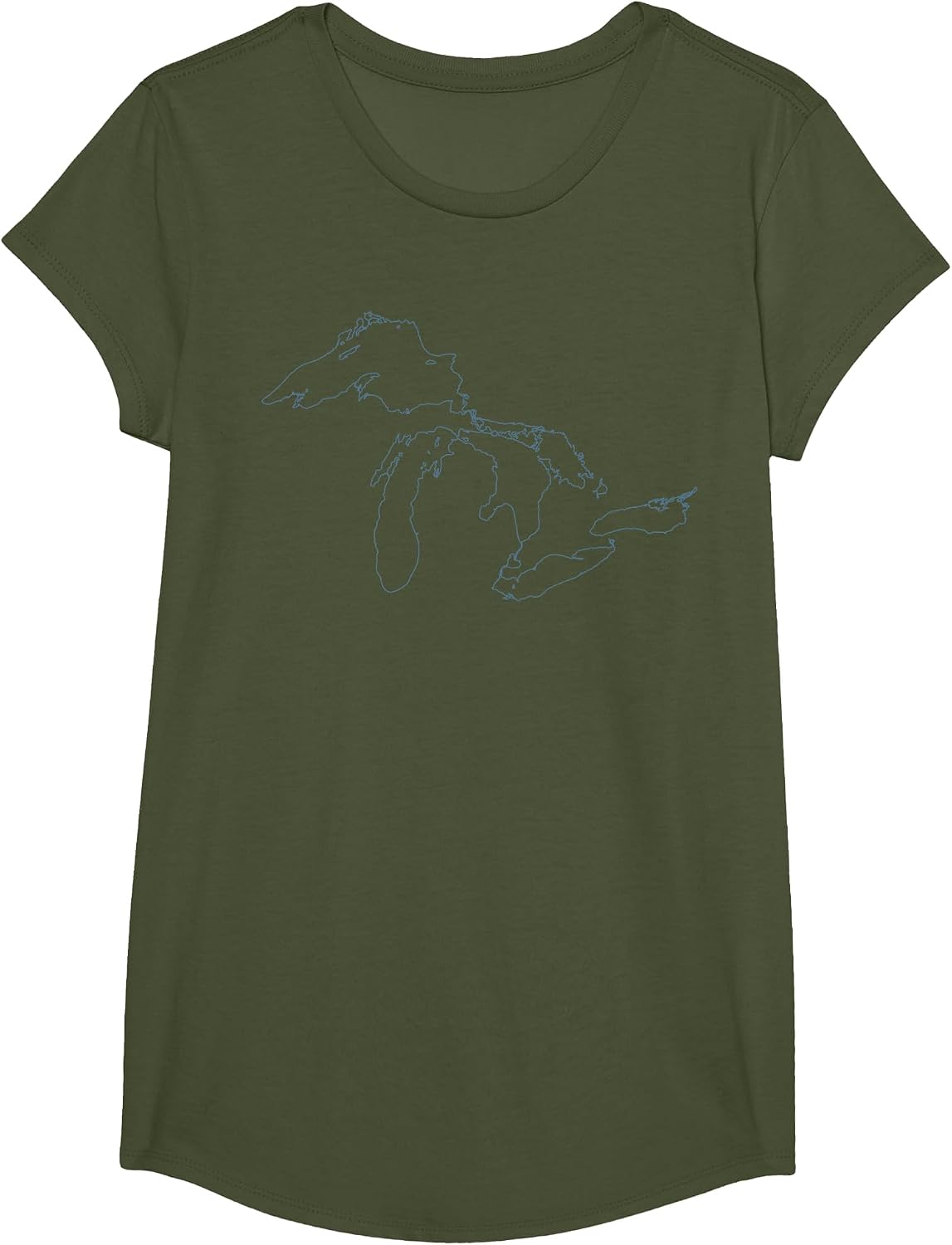 Great Lakes State Map Tee Michigan Vacations Camping Hiking T-Shirt - Girls Olive Green