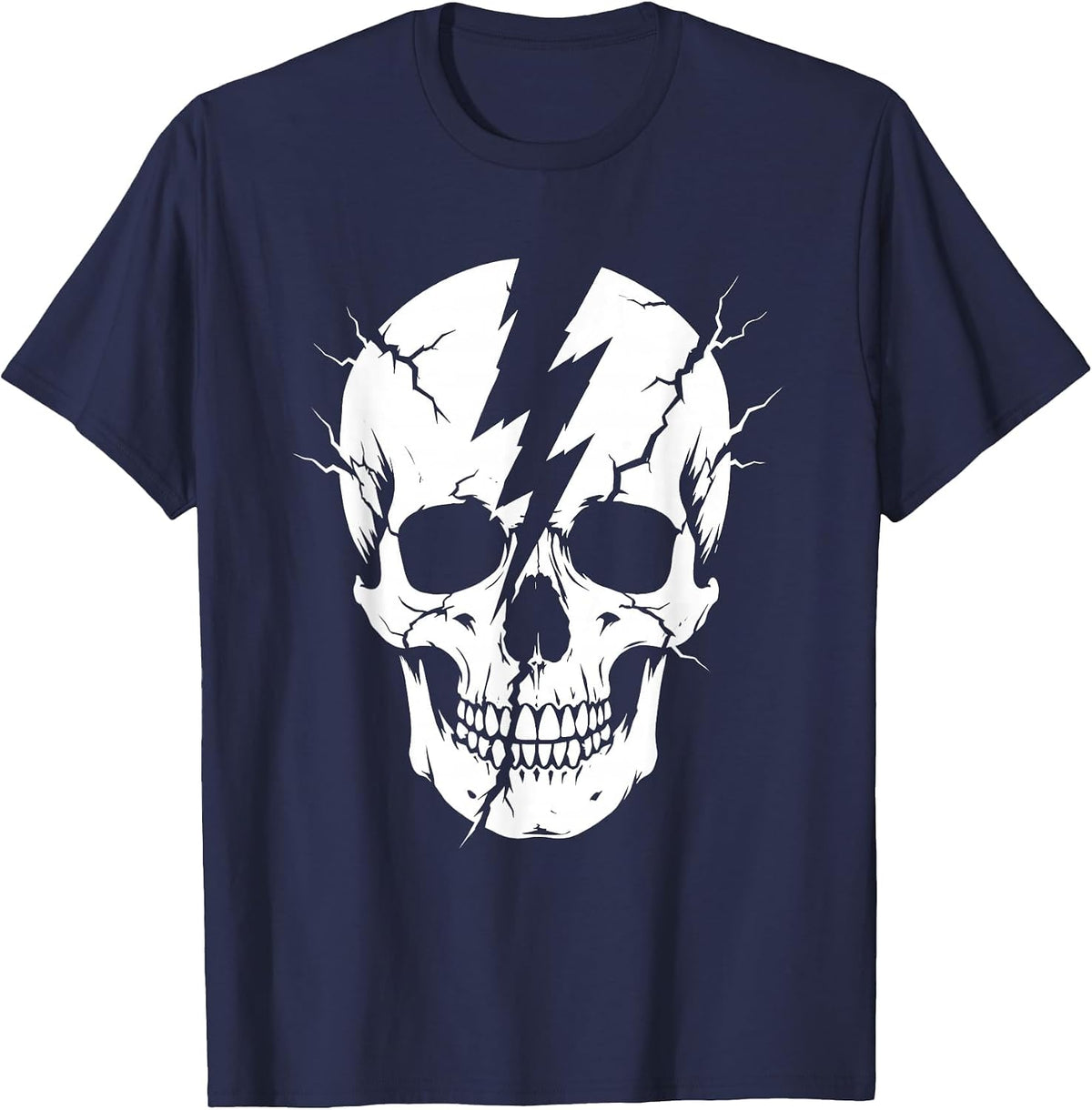 Rock Skull Lightning Bolt Crack Graphic Tee T-Shirt - Navy Blue