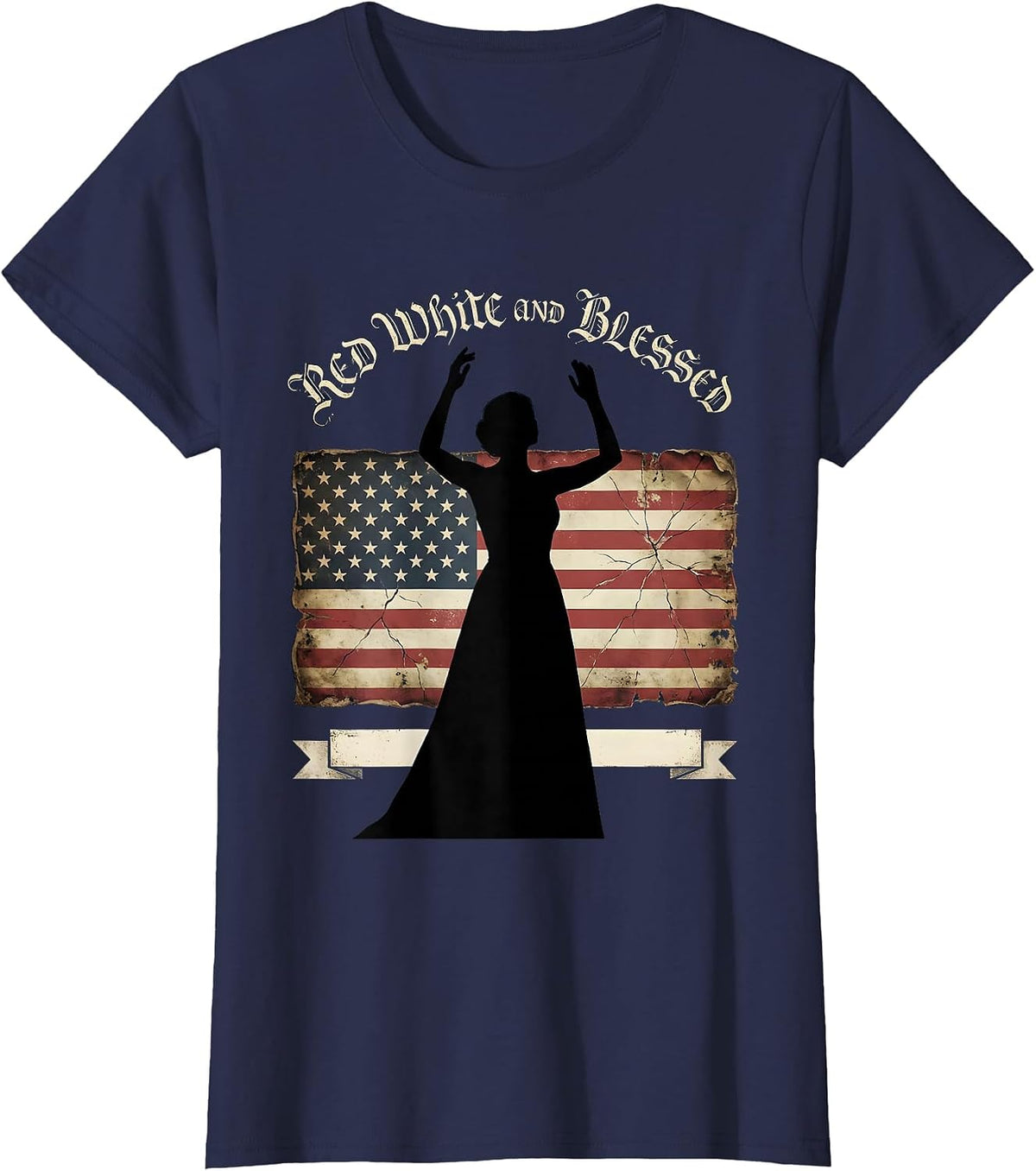 Women's Red White and Blessed Patriotic Design T-Shirt - Navy Blue