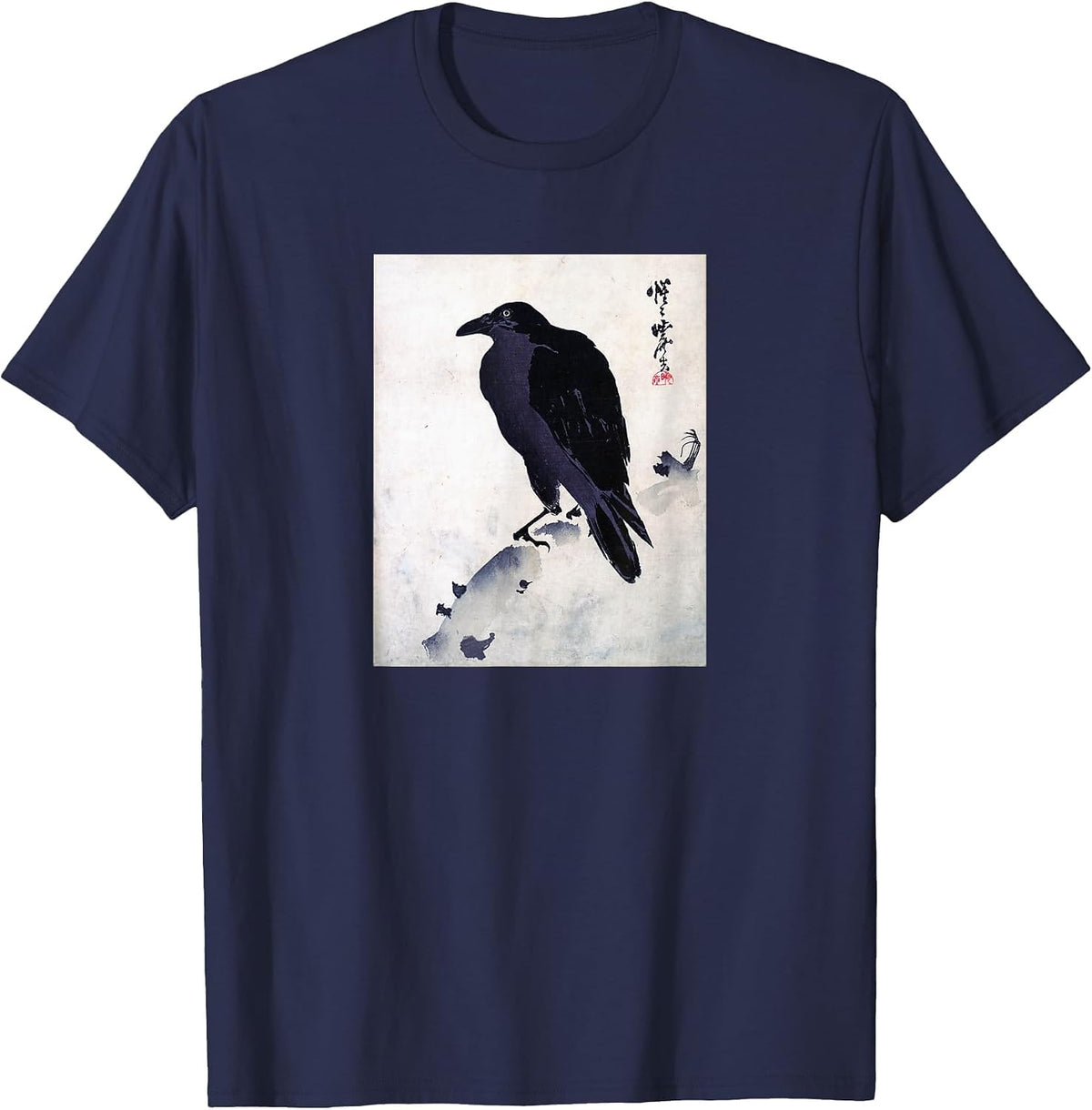 Japanese Crow Ink Art - Traditional Woodblock Bird T-Shirt - Navy Blue