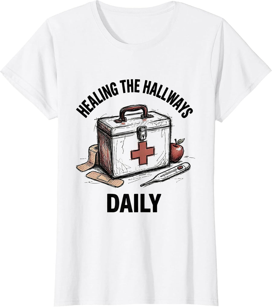 Women's Healing the Hallways Daily School Nurse Design T-Shirt - White