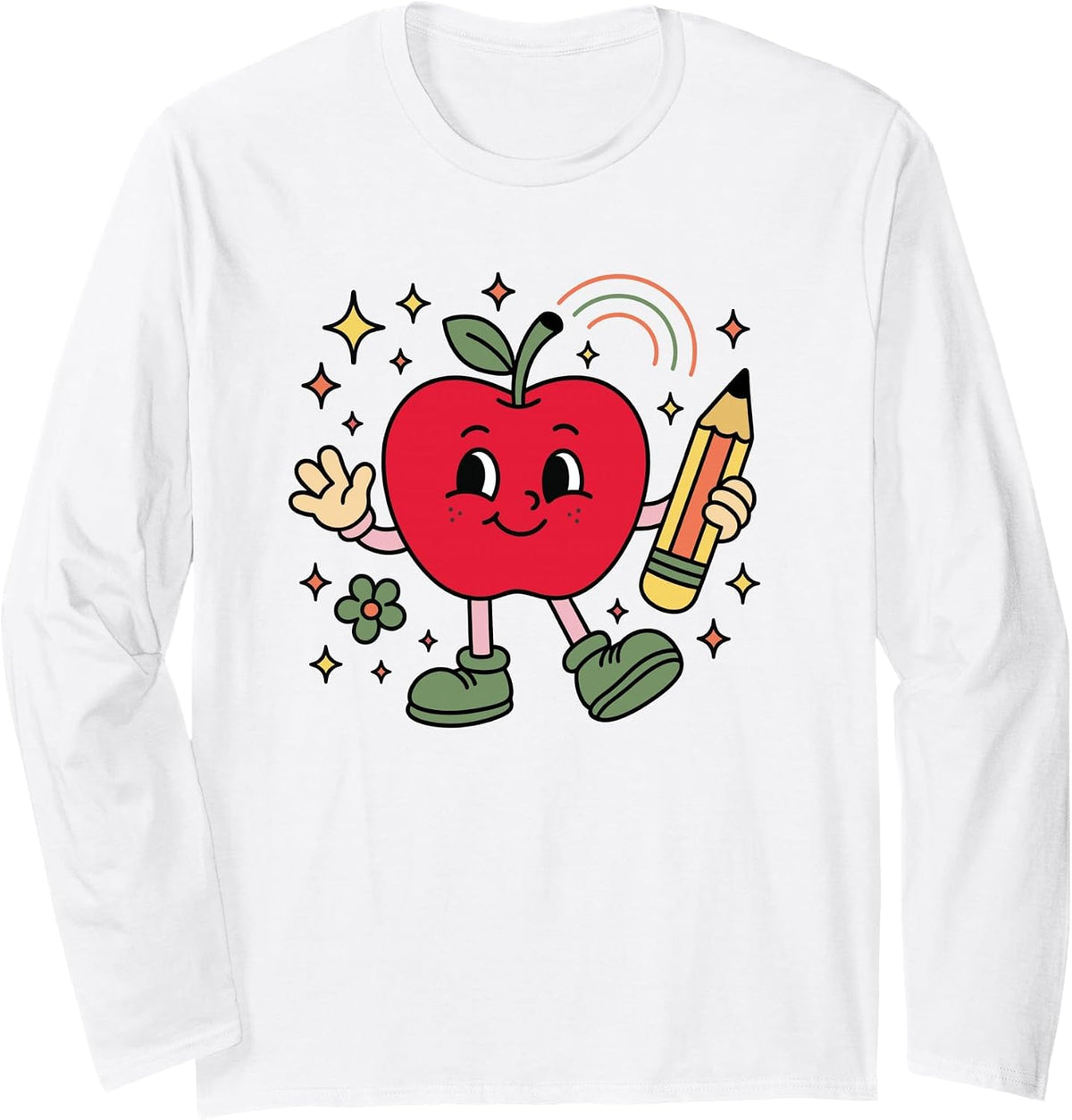 Retro School Apple with Face and Teacher’s Pencil Long Sleeve T-Shirt - Adult Unisex White