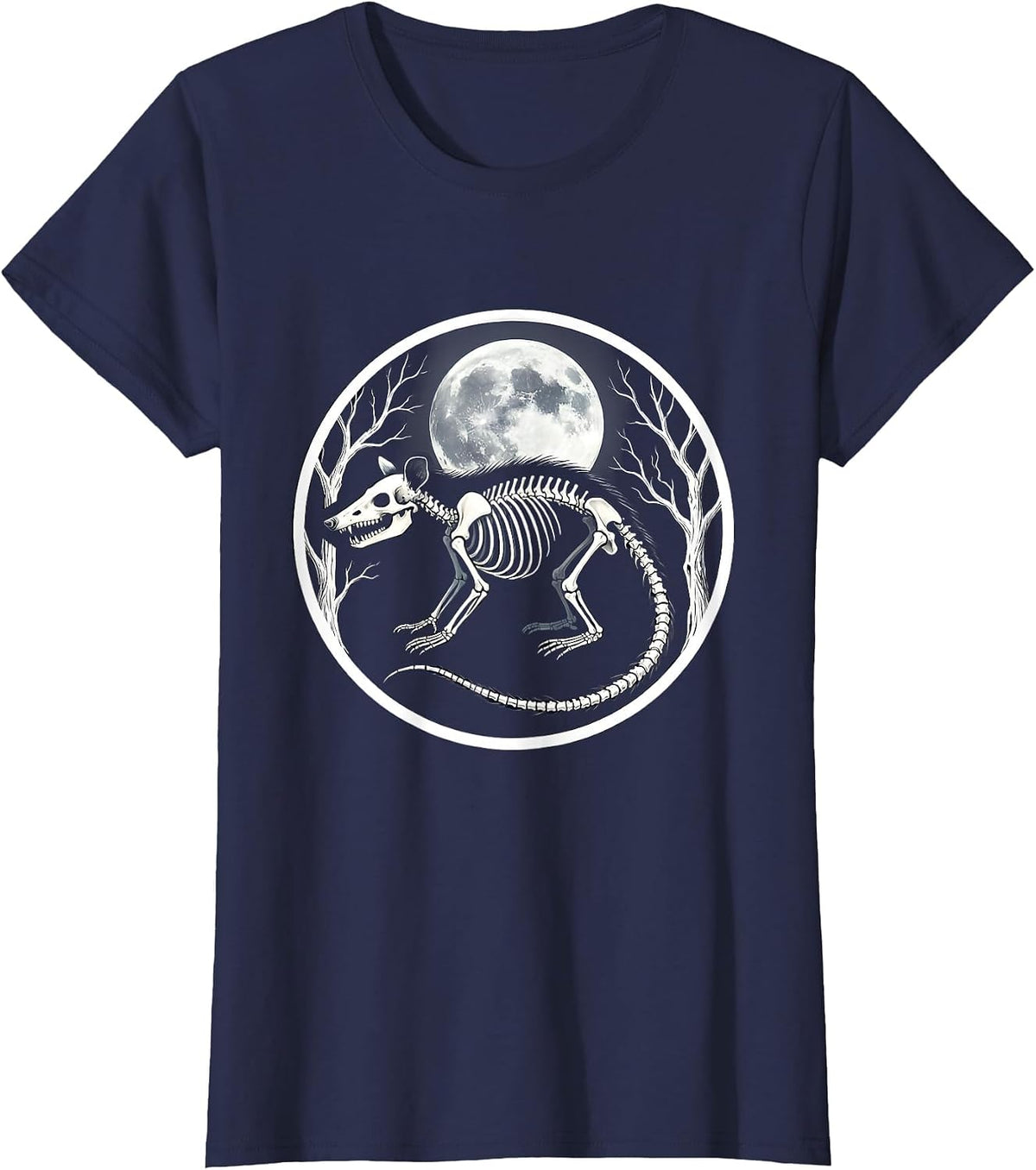 Women's Opossum Skeleton Glowing Moonlight Illustration T-Shirt - Navy Blue
