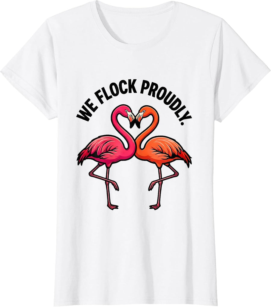 Women's We Flock Proudly Cartoon Pink Flamingo Flamingo Lover Summer T-Shirt - White