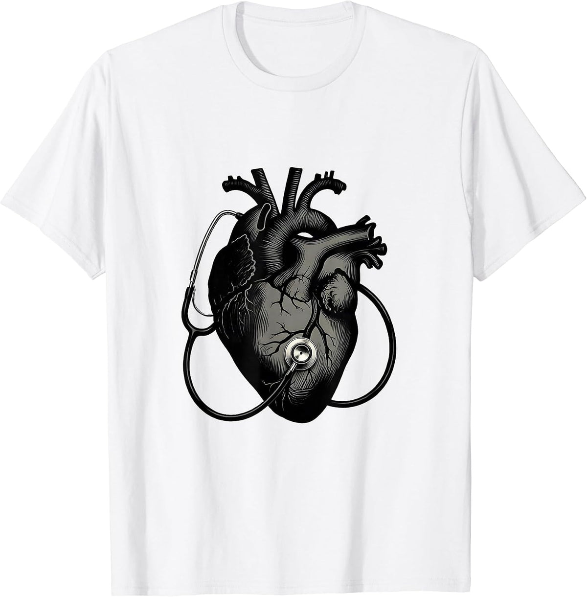 Men's Anatomical Heart Stethoscope Cardiac Nurse Medical T-Shirt - White