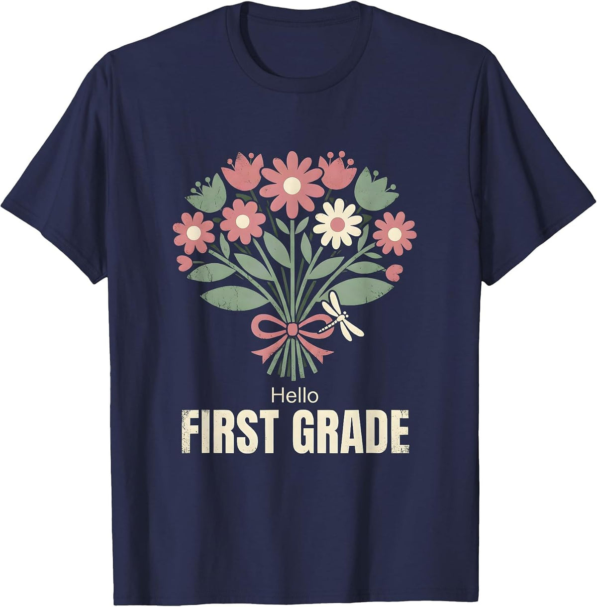 Men's Hello, First Grade Floral Boho Back To School Teacher Gift T-Shirt - Navy Blue