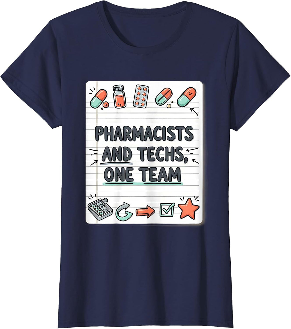 Women's Pharmacists And Techs, One Team Funny Pharmacy Crew T-Shirt - Navy Blue
