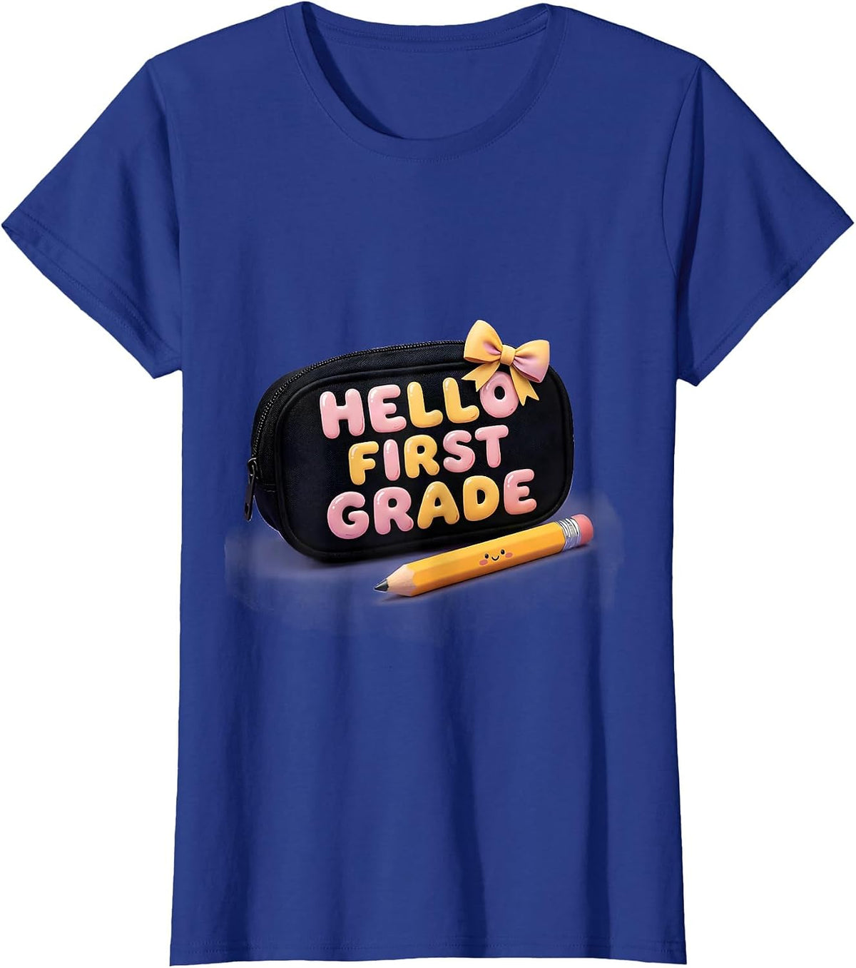 Women's Hello First Grade Cute Kawaii Bow Back To School Pencil T-Shirt - Royal Blue
