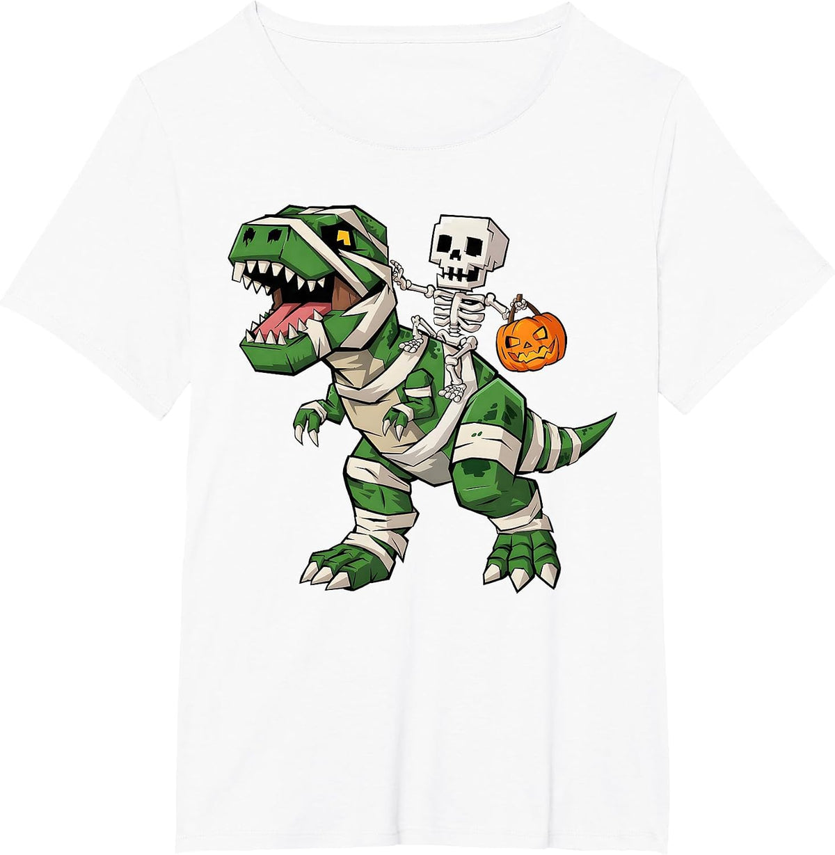 Skeleton Riding Mummy Dinosaur T rex Halloween Funny Gamer T-Shirt - White