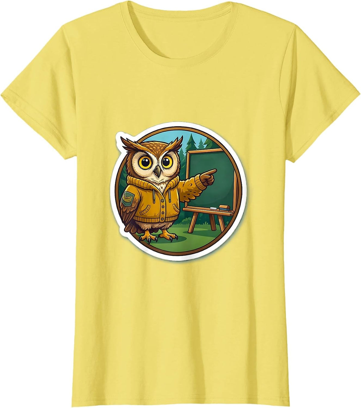 Women's Funny Teacher Owl in Cardigan Chalkboard Gift T-Shirt - Lemon Yellow