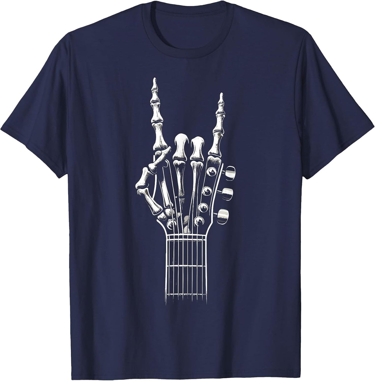 Guitar Skeleton Hand Sign Retro Rock and Roll T-Shirt - Navy Blue
