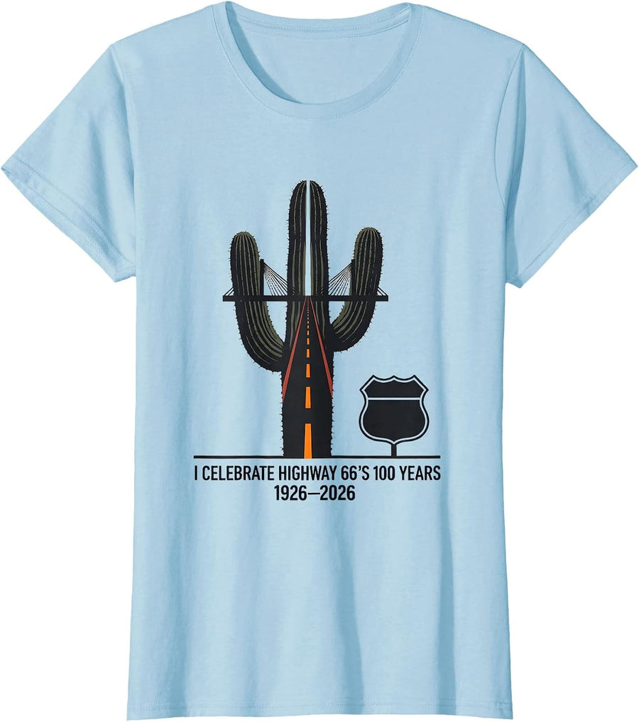 Women's I Celebrate Highway 66's 100 Years, 1926-2026 Vintage T-Shirt - Baby Blue