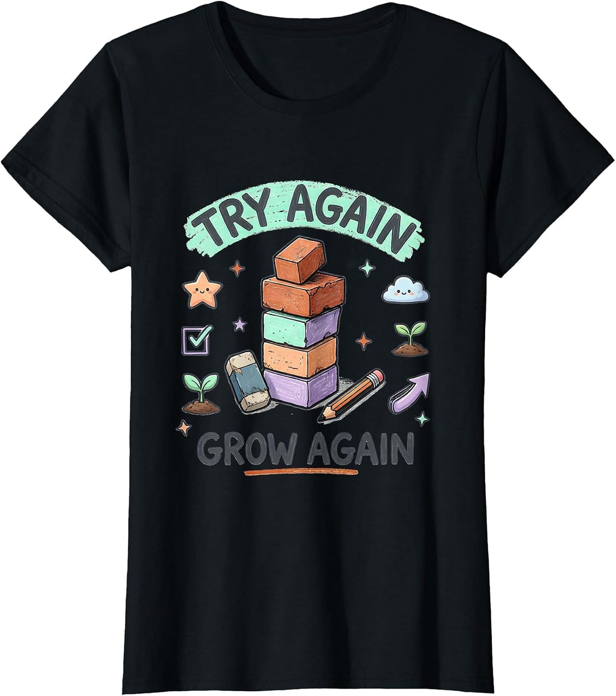 Women's Try Again Grow Again Kawaii Stationery Teacher Growth T-Shirt - Black