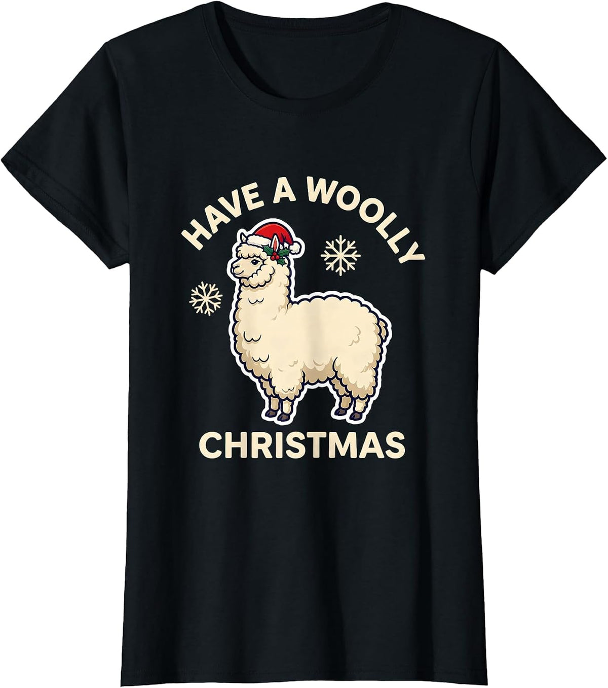 Women's Have A Woolly Christmas Funny Llama Fleece Navidad Ugly T-Shirt - Black