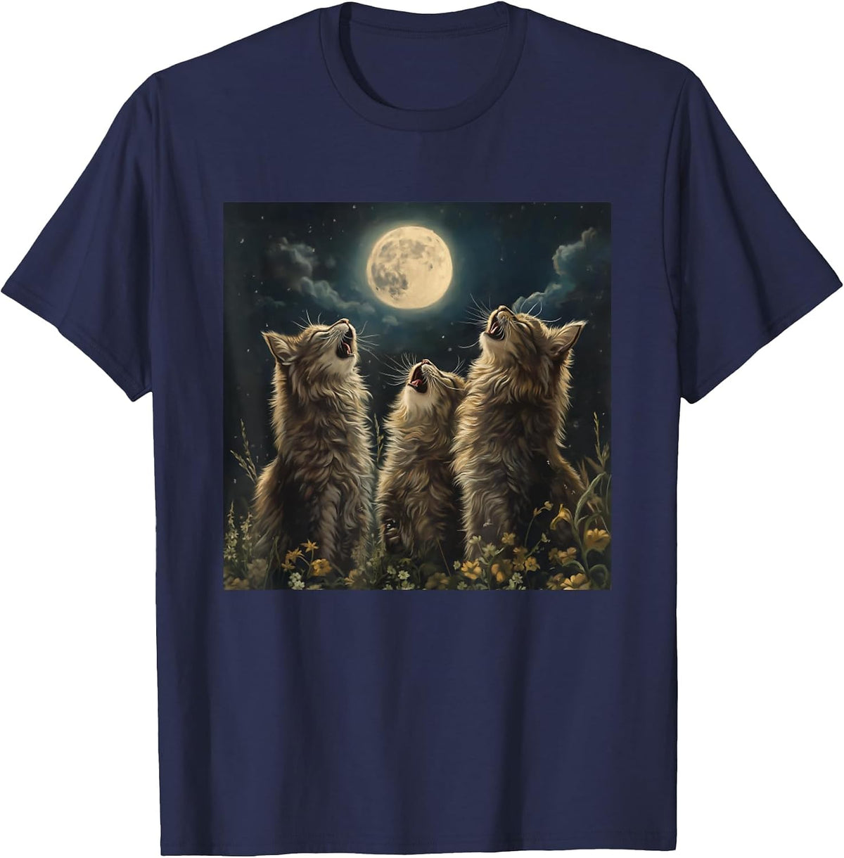 Maine Coon Howl At Moon Cat Lover T-Shirt - Navy Blue