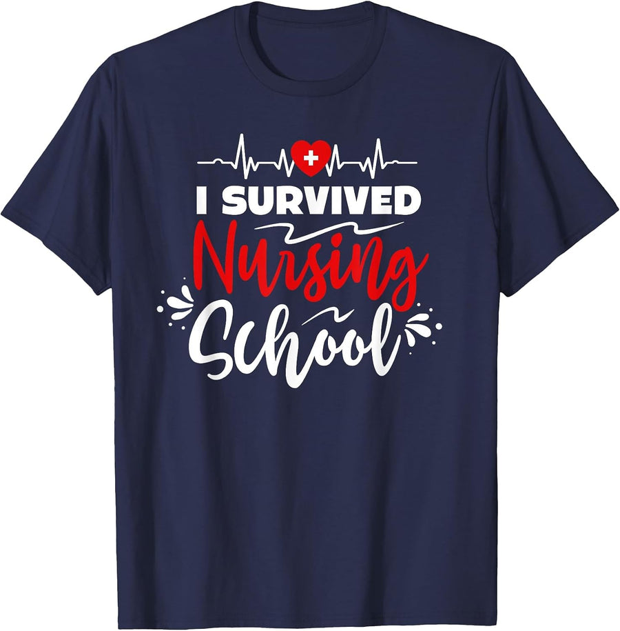 Nurse Student i Survived Nursing School Essentials T-Shirt - Navy Blue