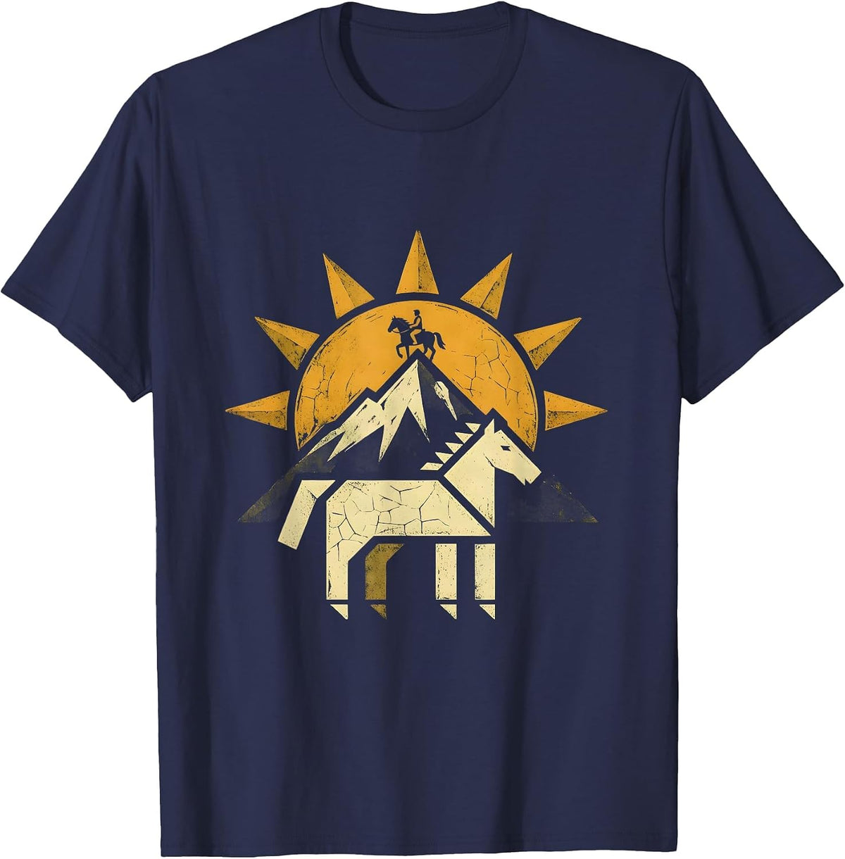 Lone Rider Sunset Horseback Freedom Design T-Shirt - Navy Blue