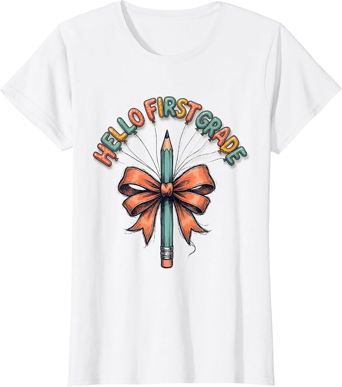 Hello First Grade Cute Back to School Pencil Bow Gift T-Shirt - White