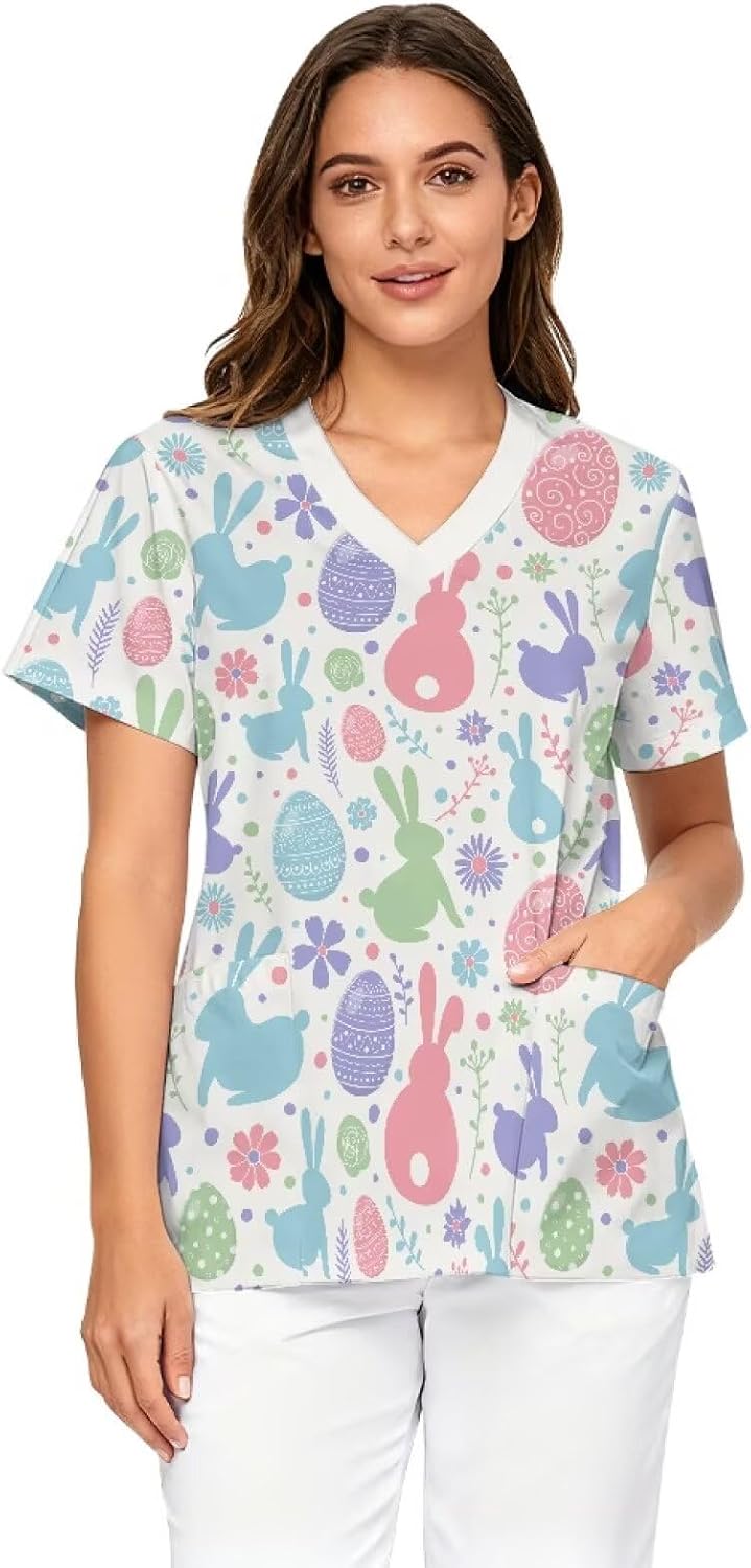 V-Neck Scrub Tops for Women, Soft Stretch Fabric & Short Sleeve Nurse Shirts with 2 Pockets - White - Easter Colorful Bunny