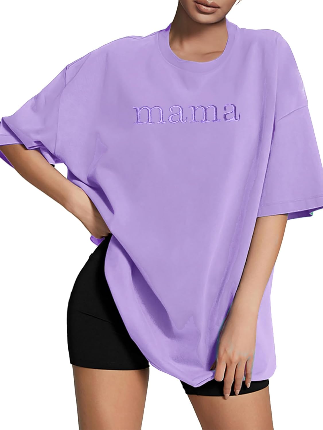 Mama Shirt for Women Embroidered Mama Letter Print Oversized T-Shirt Mom Life Short Sleeve Tee - Purple