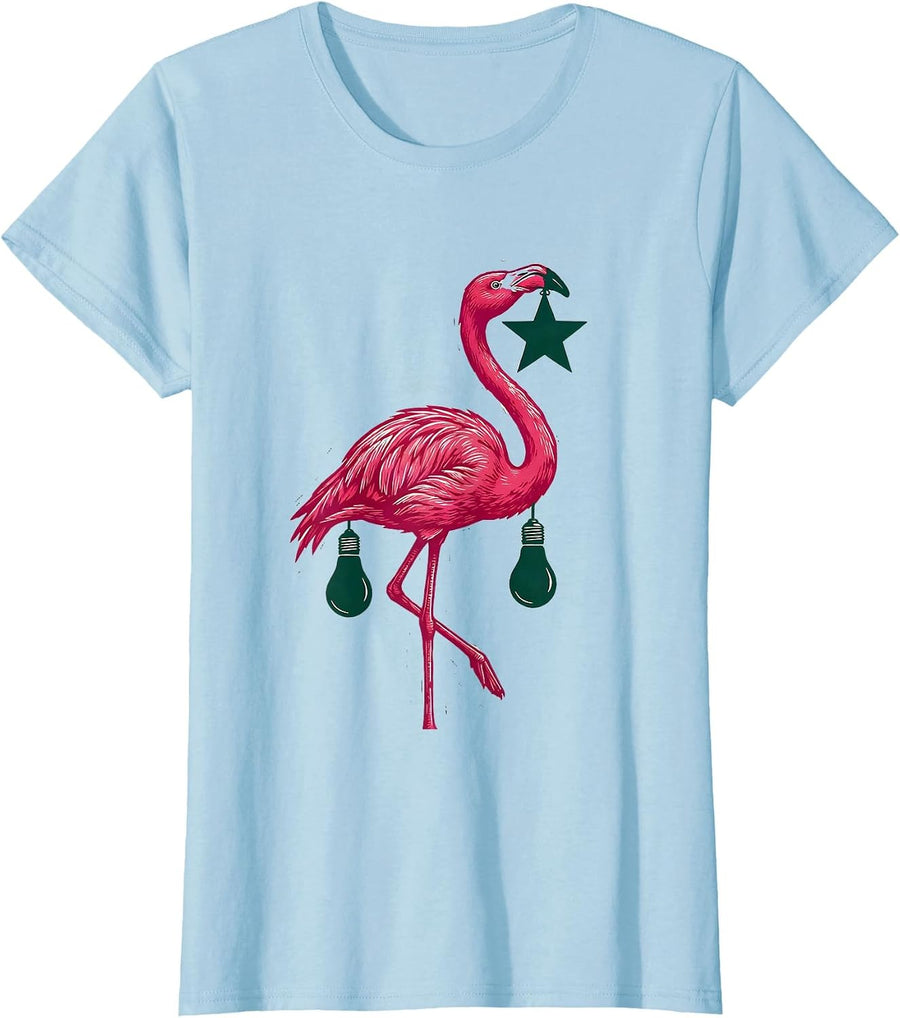 Women's Pink Flamingo Star Ornament Linocut Holiday Humor T-Shirt - Baby Blue