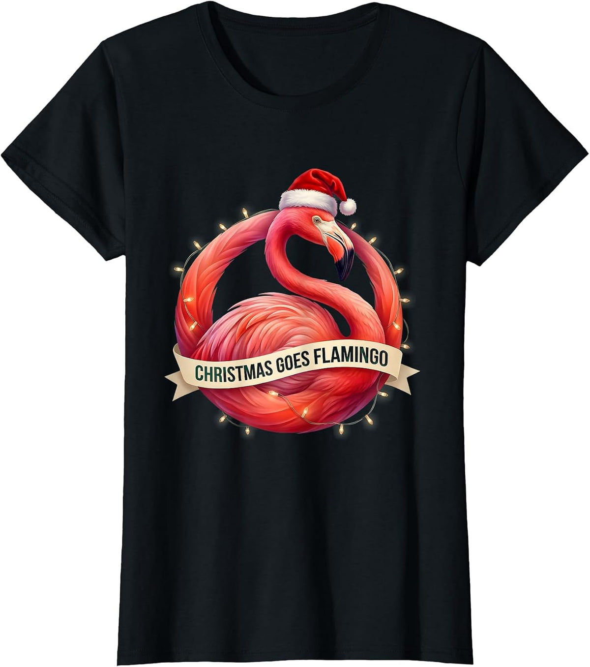 Women's Christmas Goes Flamingo Gradient Whimsical Holiday Humor T-Shirt - Black