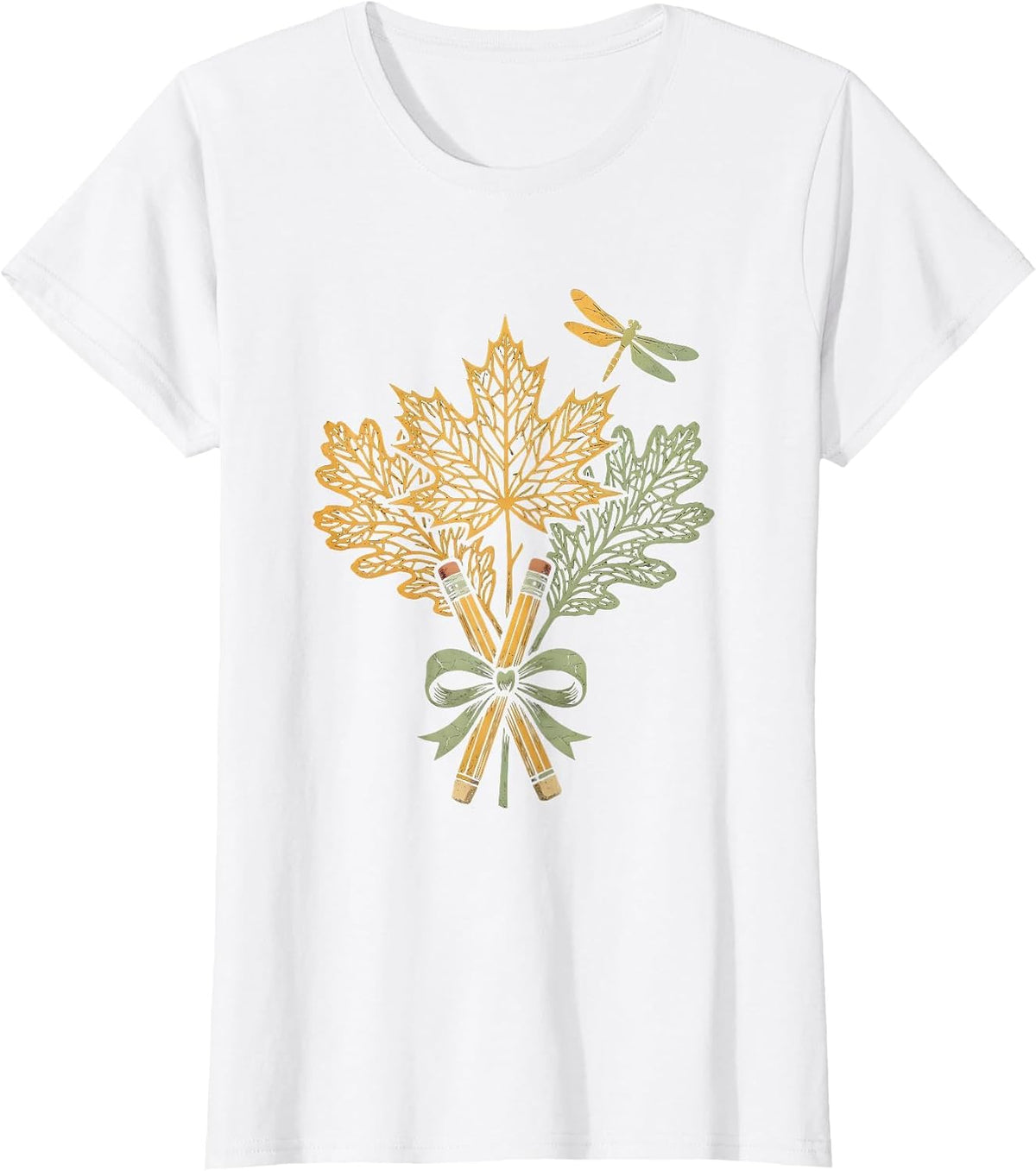 Fall Leaf Skeleton Pencil Art Teacher Design T-Shirt - White