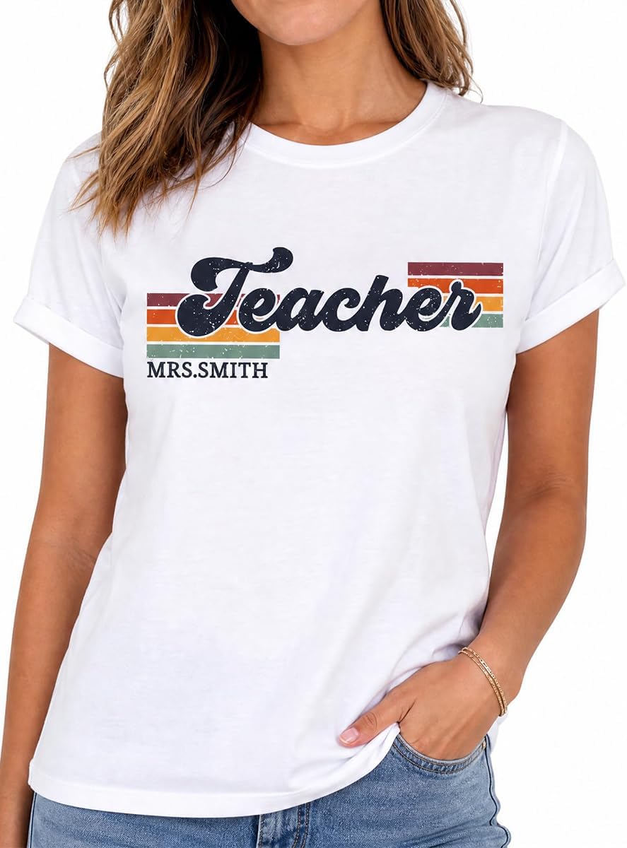 Personalized Grade and Name Retro Horizontal Stripes Teacher T-Shirt - White