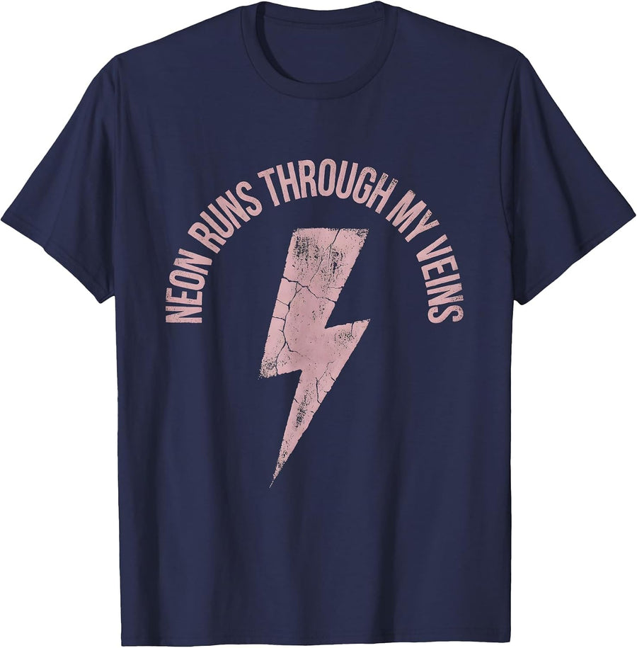 Neon Runs Through My Veins 80s Retro Design T-Shirt - Navy Blue
