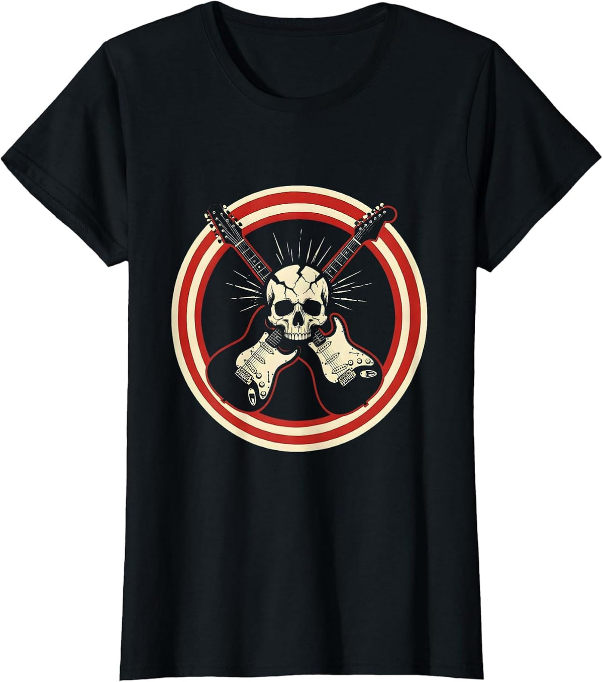 Crossed Guitars Cracked Skull Rock Graphic Tee T-Shirt - Black
