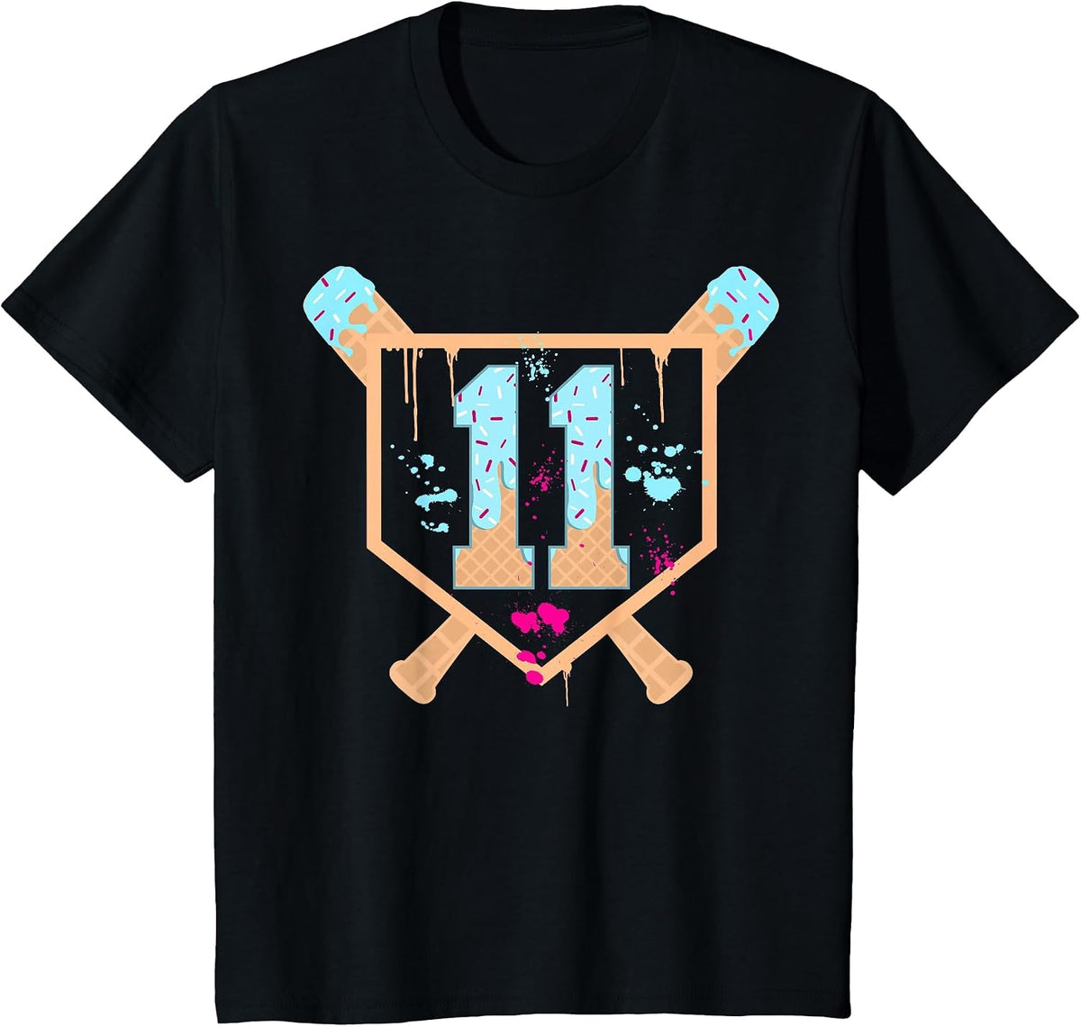 Baseball 11 Year Old Ice Cream Drip 11th Birthday Boy 11 T-Shirt - Black
