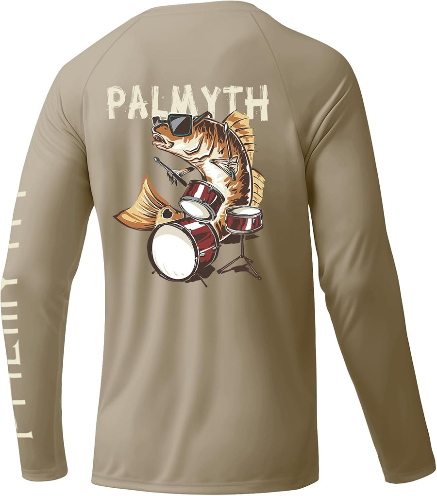 Palmyth Fishing Shirts for Men Long Sleeve UPF 50+ Sun Protection UV T Shirt Tee - Khaki \/ Red Drum