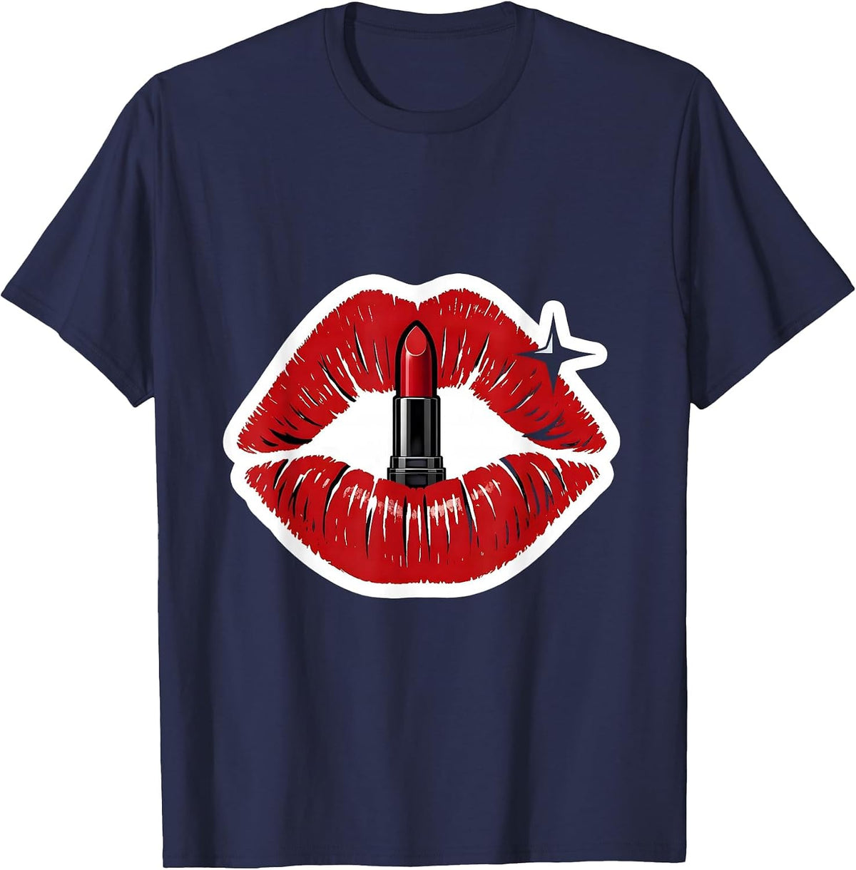 Bitten Lipstick Kiss Sexy Flirty Party Novelty T-Shirt - Navy Blue
