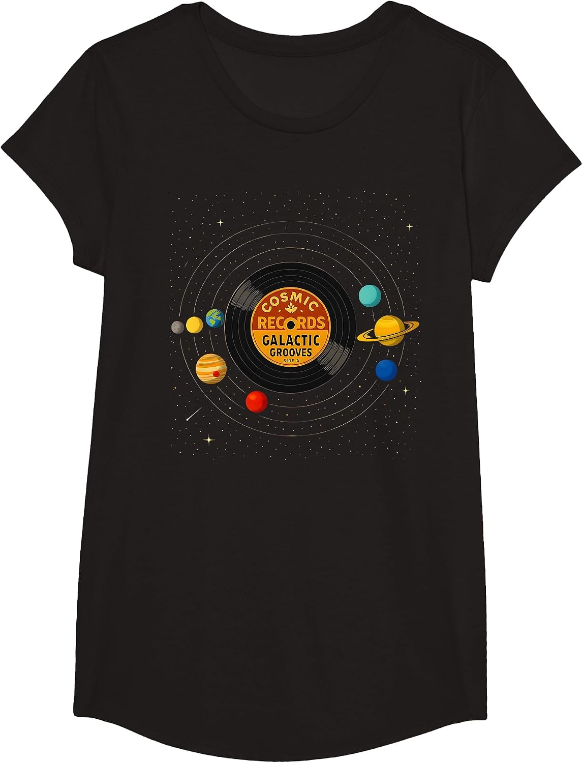 Vinyl Record Solar System Planets Astronomy Space Cosmic T-Shirt - Girls Black