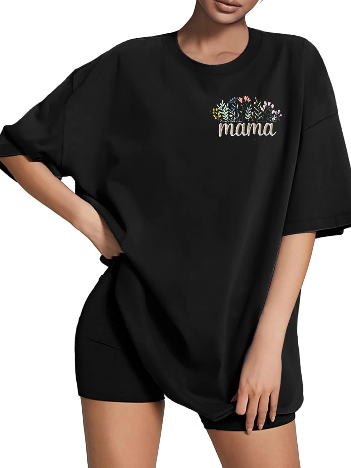 Mama Shirt for Women Embroidered Mama Letter Print Oversized T-Shirt Mom Life Short Sleeve Tee - Flowerblack