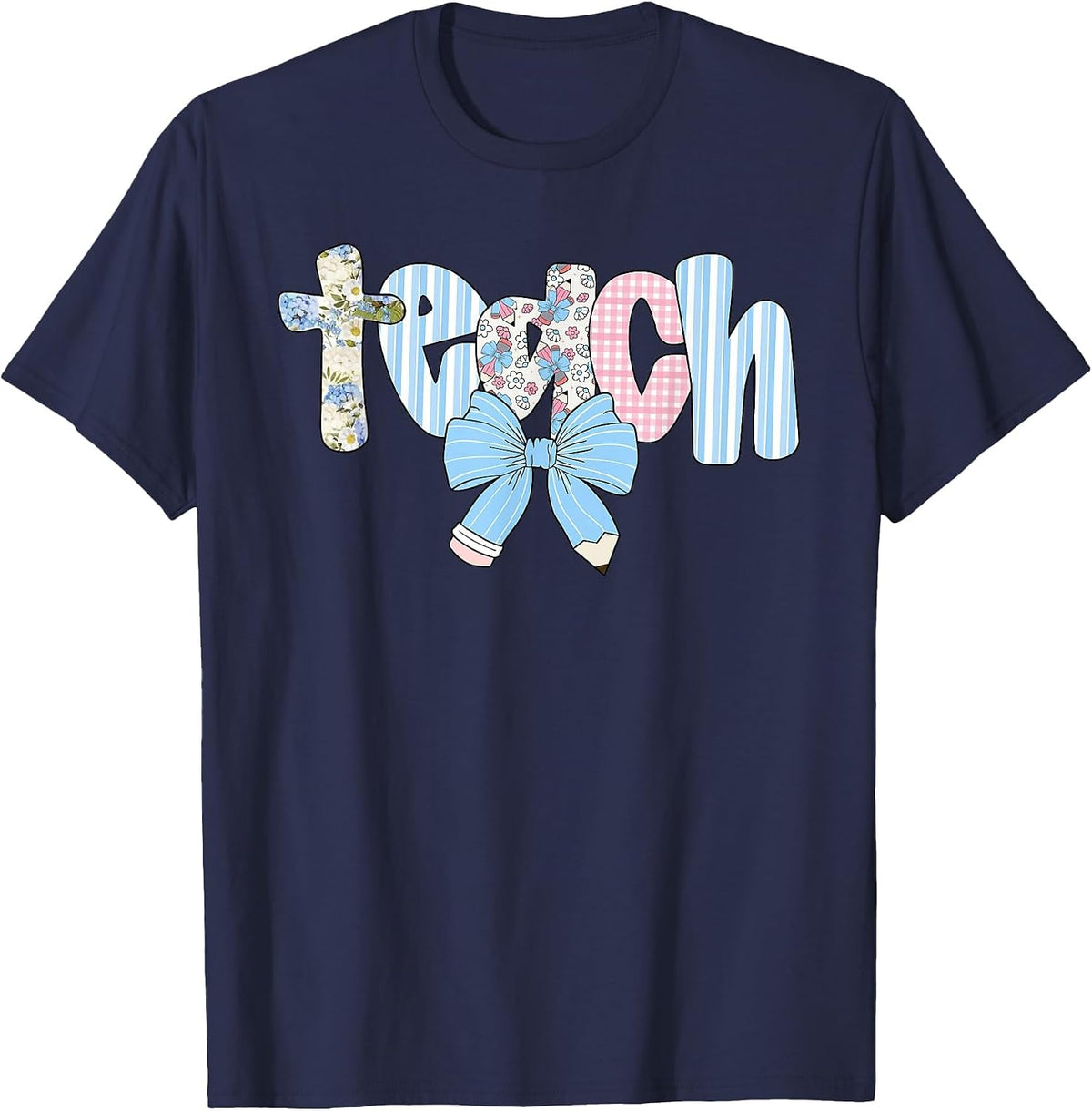 Coquette Bow Teach Teacher Happy First Day Back to School T-Shirt - Navy Blue