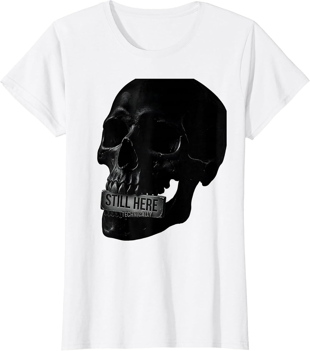 Still Here, Technically Edgy Punk Skull Streetwear Graphic T-Shirt - White