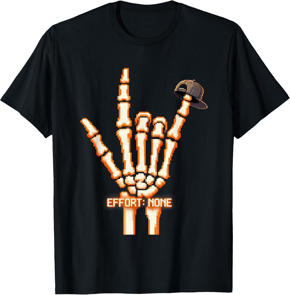 Men's Effort: None Pixel Art Skeleton Rock On Halloween Humor T-Shirt - Black