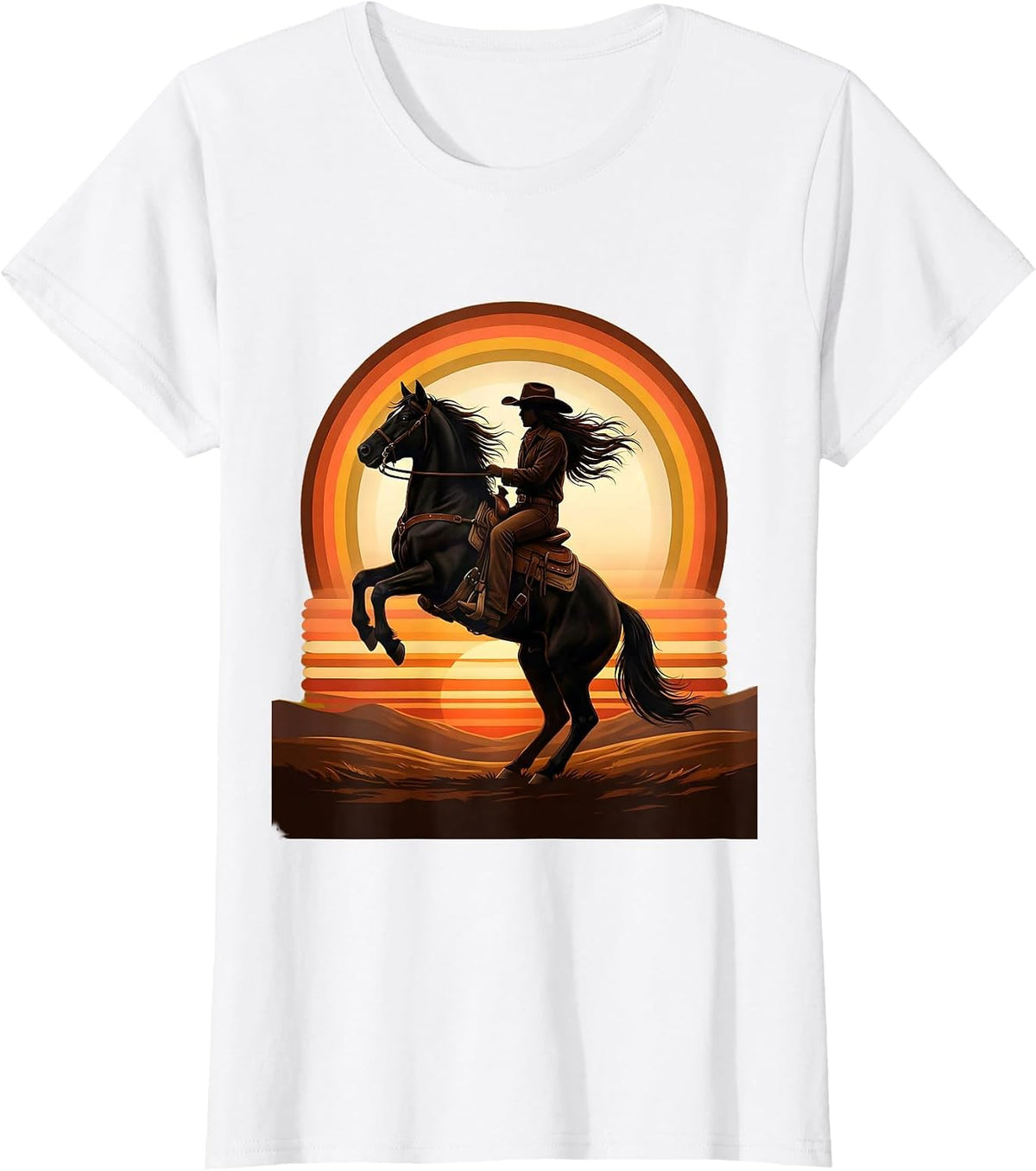 Black Cowgirl Rearing Horse Dusk Western Art T-Shirt - White