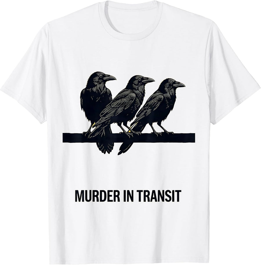 Men's Murder In Transit Stencil Crow Dark Humor Gothic Bird Lover T-Shirt - White