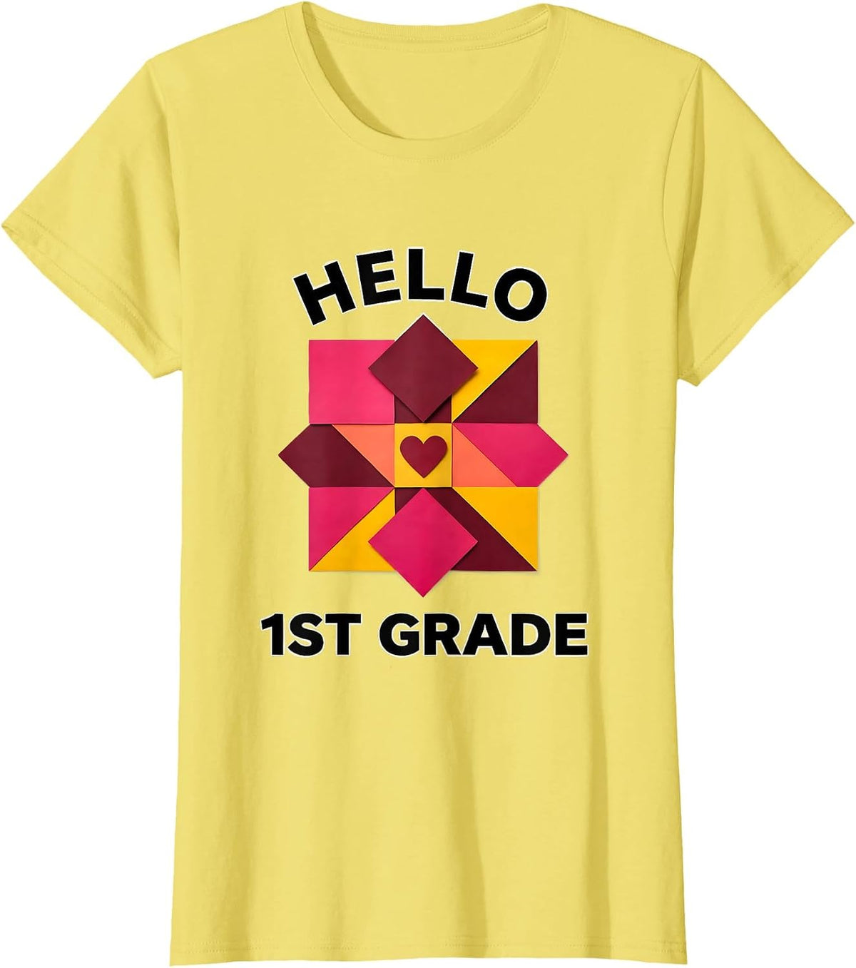 Hello 1st Grade Quilt Block Patchwork Back To School Teacher T-Shirt - Lemon Yellow