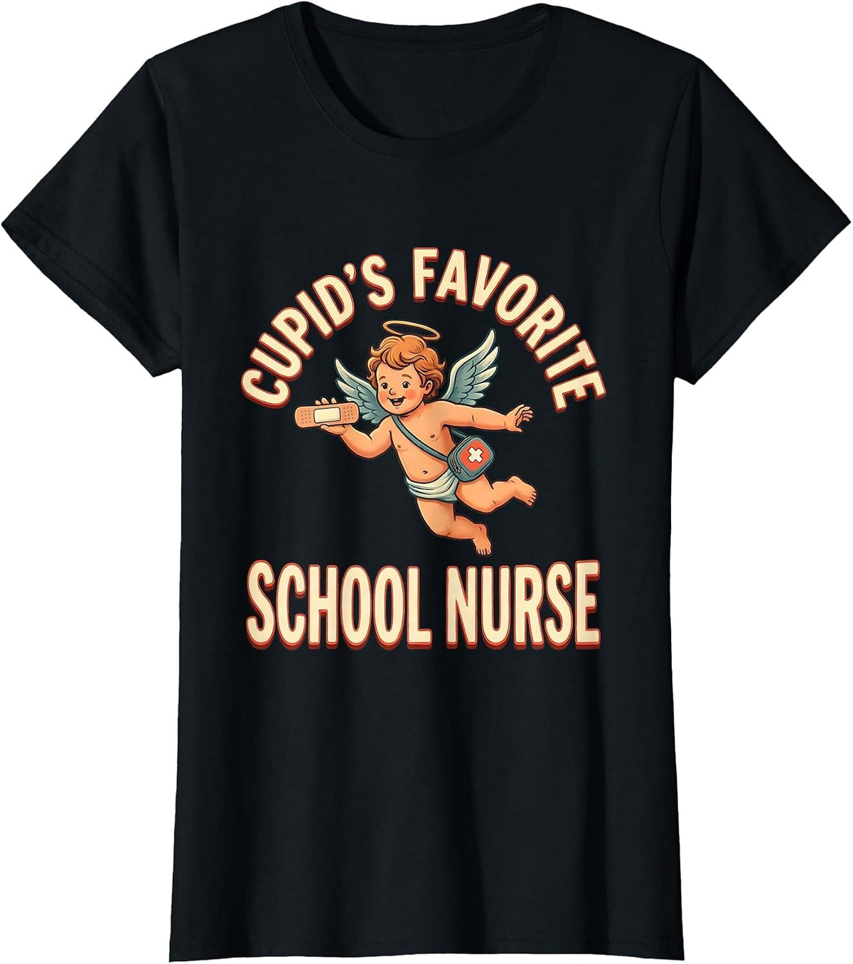 Cupid's Favorite School Nurse Retro Valentine Day Humor T-Shirt - Black